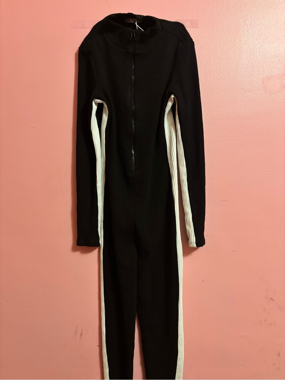 Zara Black Ribbed Jumpsuit with White Side Stripes